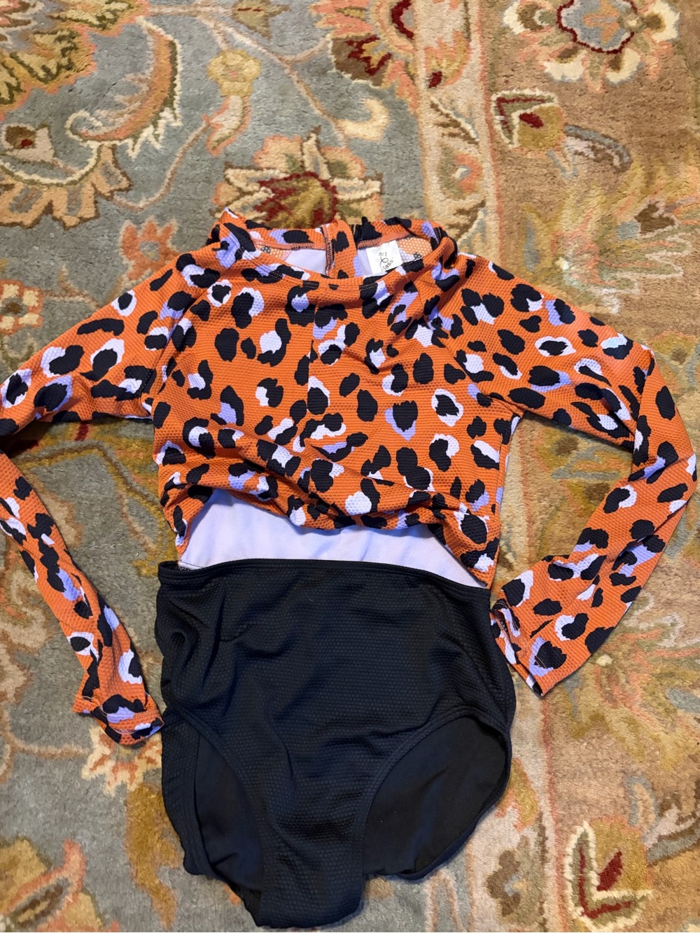art class Orange Leopard Print & Black Kids Long Sleeve Rashguard Swim Suit